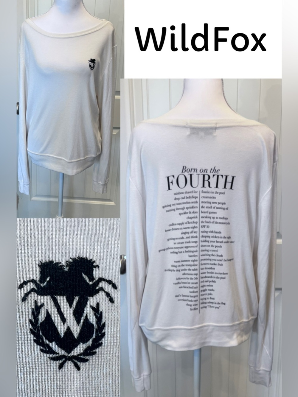 Wildfox Long Sleeve Pullover Tee “Born on the Fourth”  Double Horse Logo XS